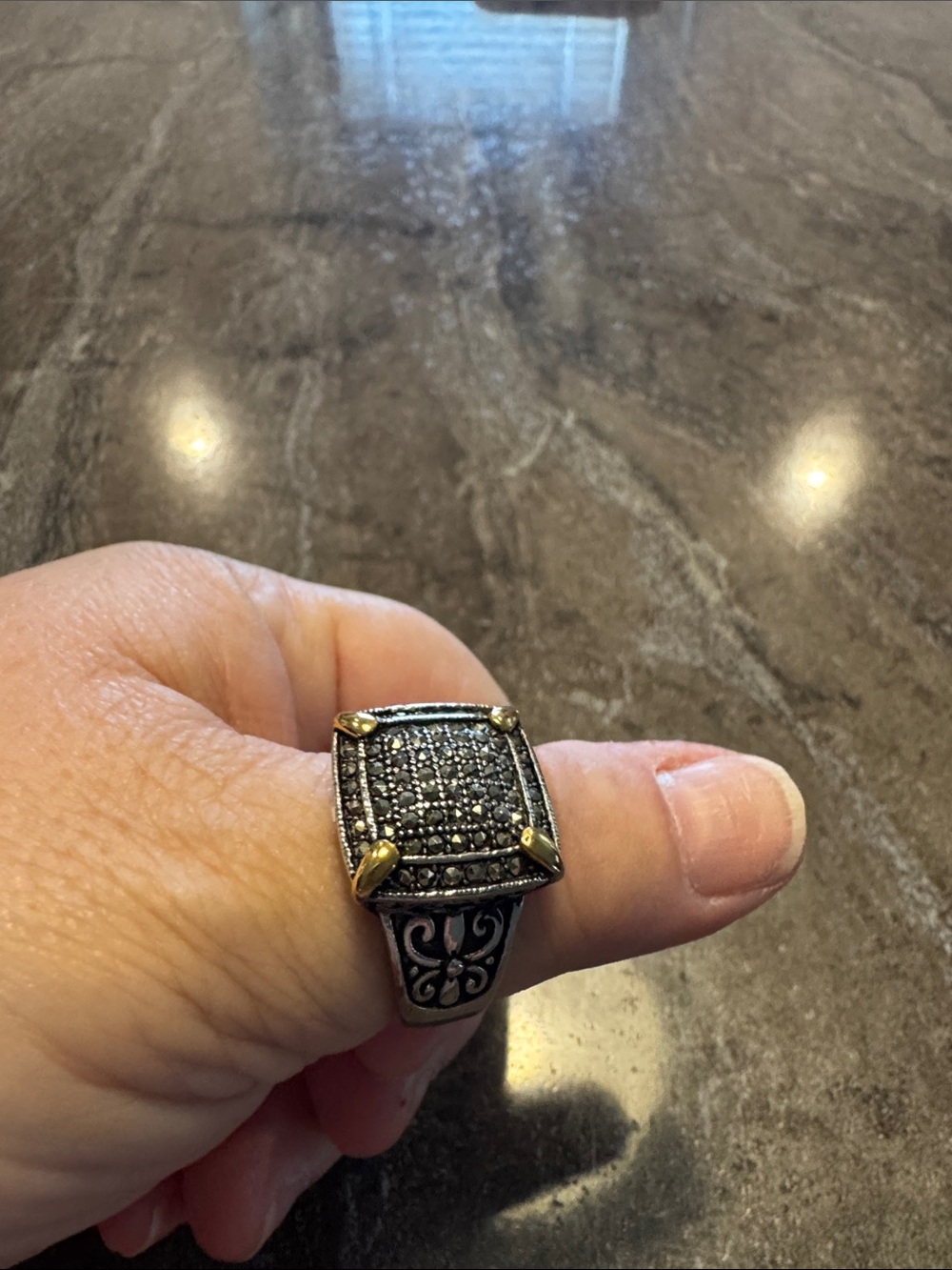 Men's Two-Tone Square Cluster Stone Ring - Black and Gold
